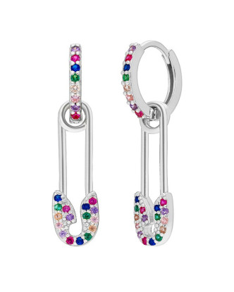 PLATA  PENDIENTES ARO IMPERDIBLE CIRCONITAS COLORES