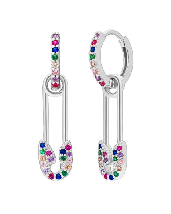 PLATA  PENDIENTES ARO IMPERDIBLE CIRCONITAS COLORES